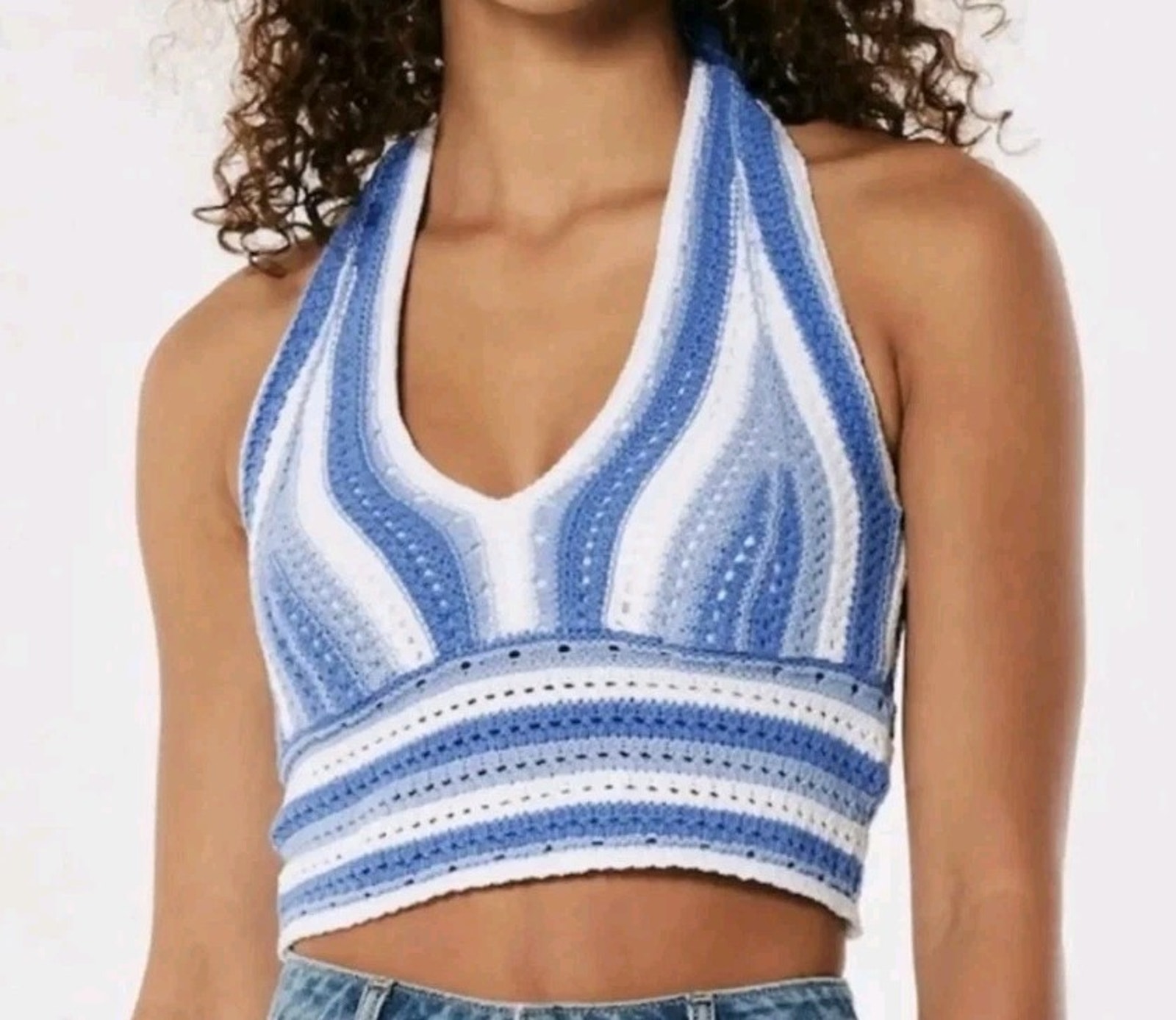 Hollister Ladies Size Xs Blue White Halter Crochet Crop Top #736